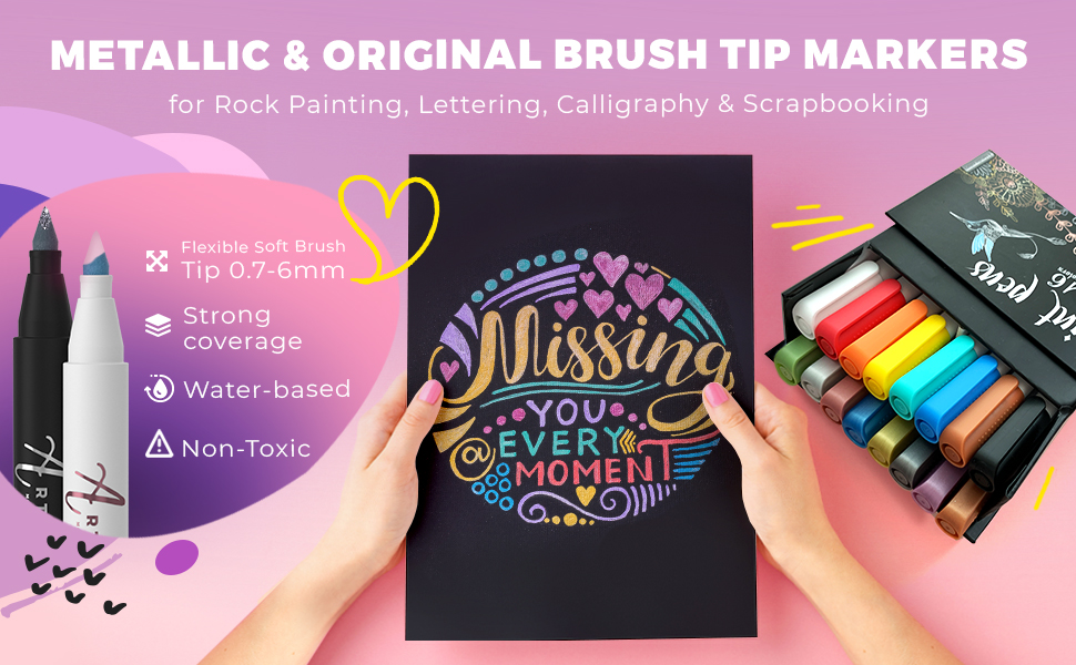 brush tip markers, pastel markers, metallic markers