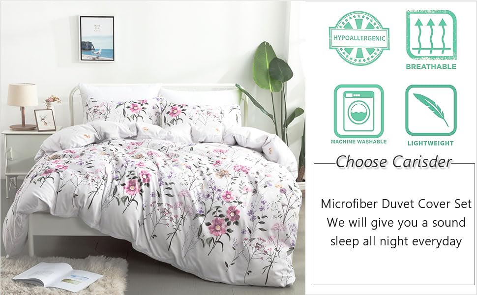 Carisder Full/Queen Duvet Cover Set Floral Soft White