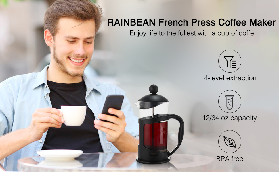 RAINBEAN French Press Coffee Maker 2 Cups, Cafetiere Coffee Press