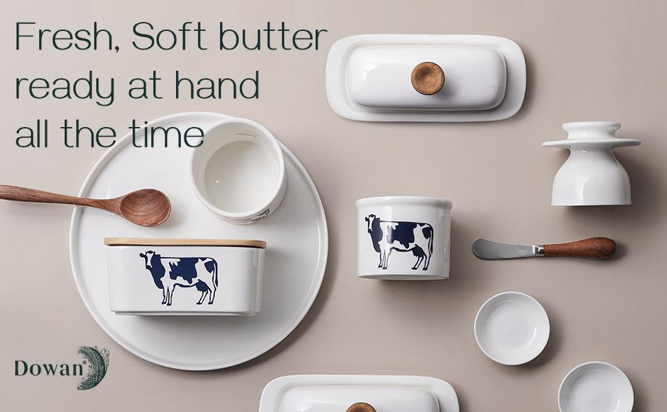 DOWAN Porcelain Butter Keeper Crock, French Butter Dish with Lid, Cow Butter Dish