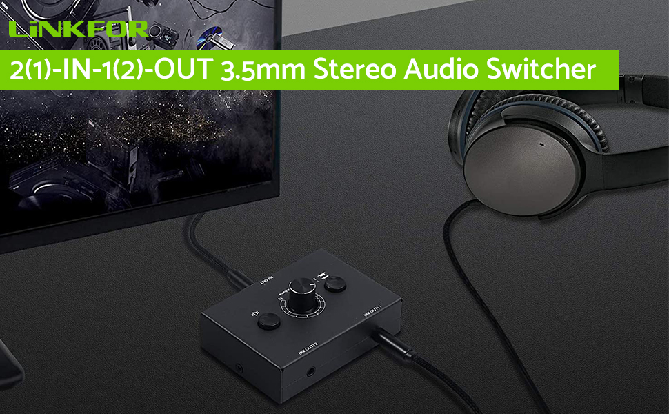 LiNKFOR 3.5mm Stereo Audio Switcher Support 1 In 2 Out or 2 In 1 Out