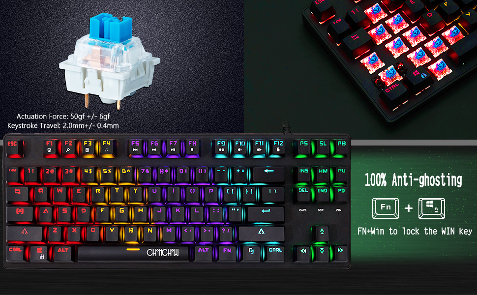 RGB Compact Mechanical Gaming Keyboard, CHONCHOW USB Wired 87 Keys