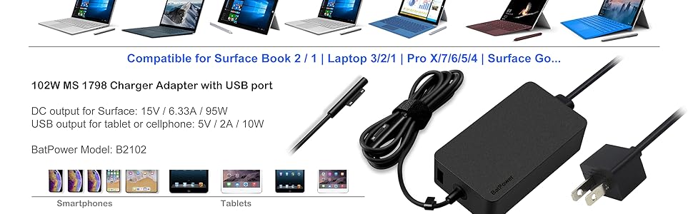 102W Power Adapter for Surface Book 2 1 Surface Pro X 7 6 5 4 3 Laptop 3 2 1