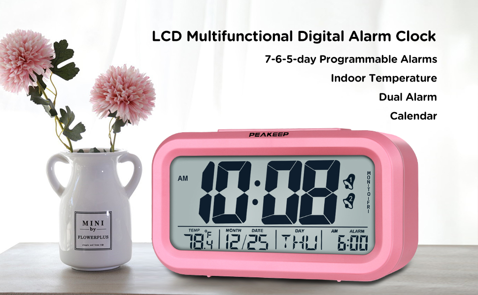 Peakeep Digital Alarm Clock with 2 Alarms for Workdays, Indoor Temperature and Smart
