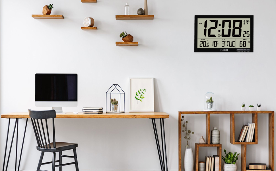 QUIGO Large Digital Wall Clock Radio Controlled Temperature Humidity