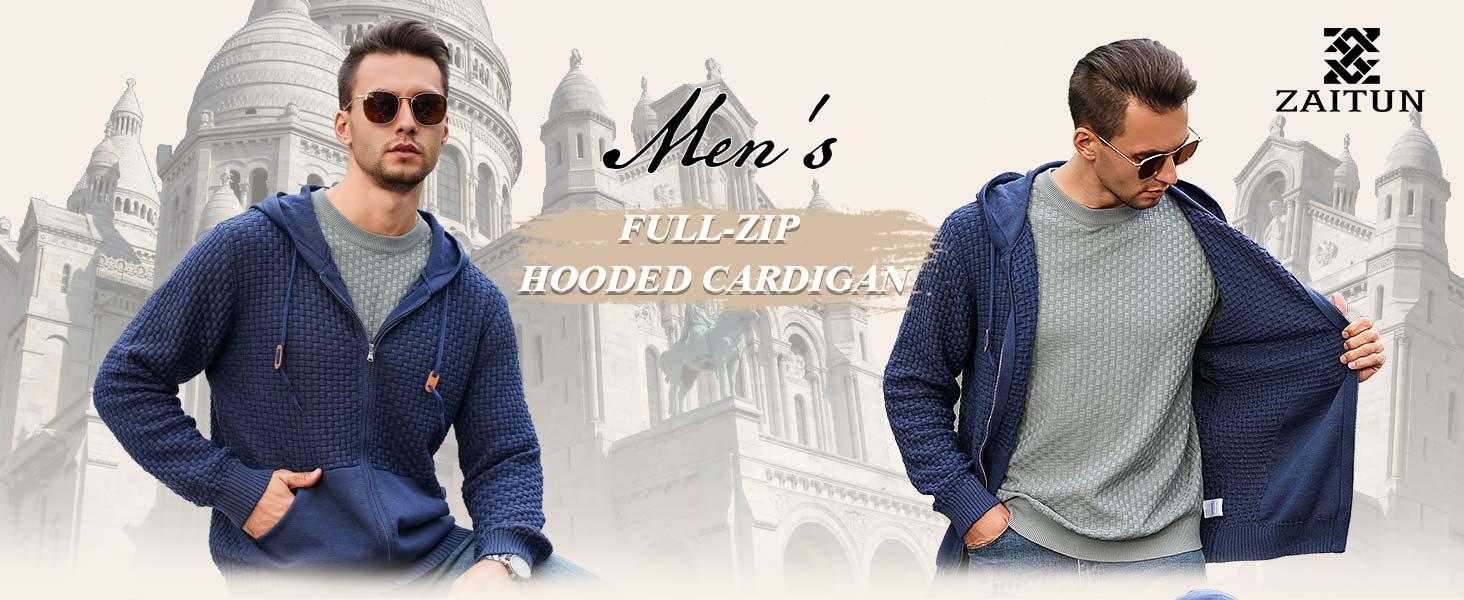Zaitun Men's Full Zip Up Hooded Cardigan Sweater with