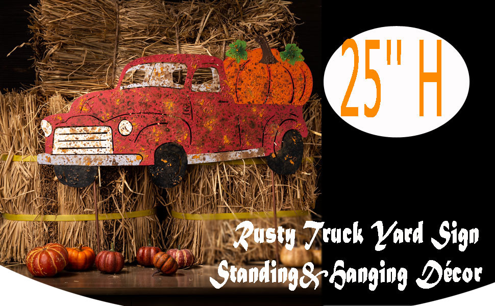 Glitzhome Fall Truck Yard Stake Rustic Metal Truck Pumpkin