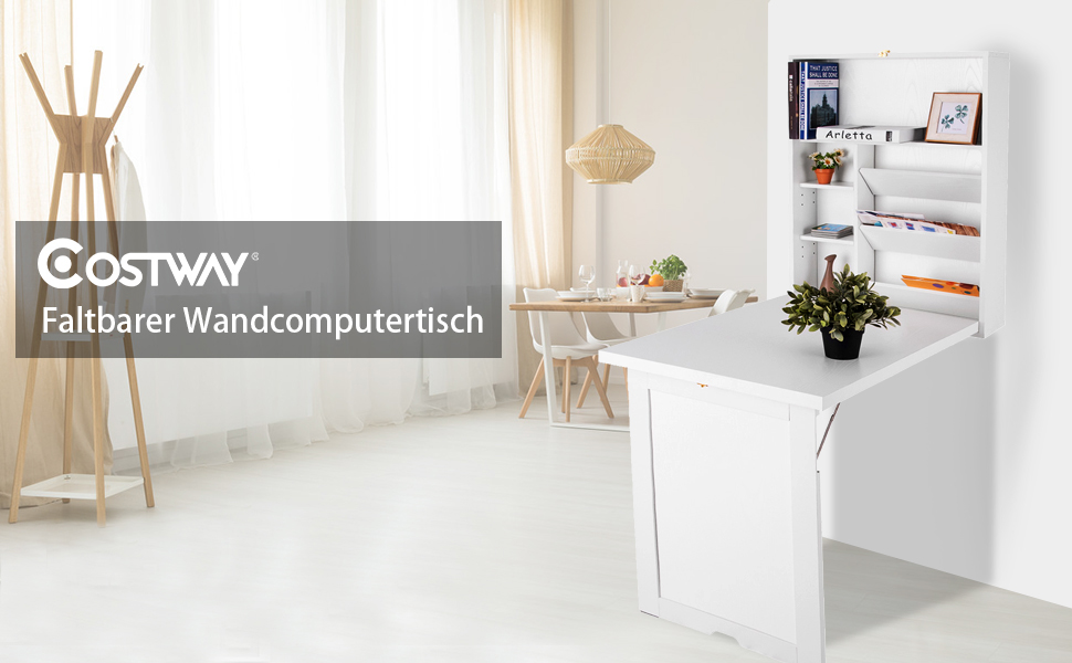 COSTWAY Wandtisch klappbar, Wandklapptisch mit 2 höhenverstellbaren