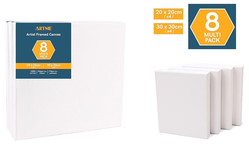 Artme PreStretched Canvas 8pcs 20x20CM4pk, 30x30CM4pk Artist