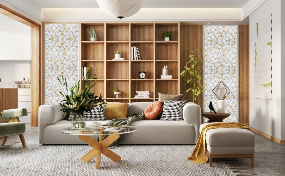 Soulscrafts Peel and Stick Tile Backsplash PVC White Marble Stone with Stainless Steel Triangle Tile