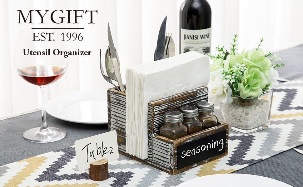 MyGift Allinone Rustic Torched Wood Condiment Tabletop Serving Caddy