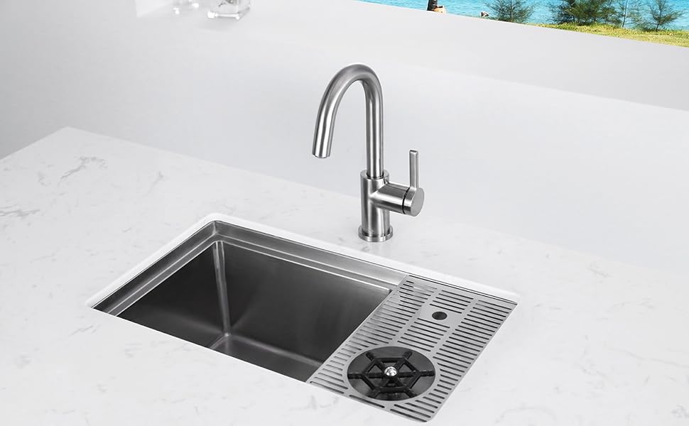 AguaStella AS1514XSS Bar Sink with Glass Rinser Stainless Steel Undermount Prep Kitchen Sink 23