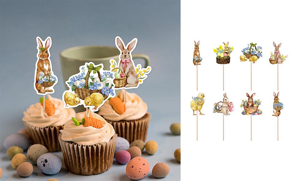 Party Picks for Cupcakes, 8pcs Cupcake Bunny Topper Paper Pick, Vivid Cake Toppers Spring Party