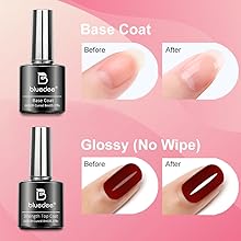 Bluedee base coat and no wipe glossy top coat gel nail polish set long-lasting no-chip high-shine