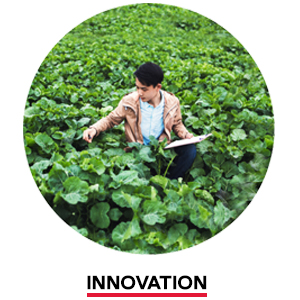Man in a field inspecting plants with clipboard in hand. Innovation.