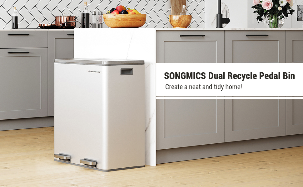 Songmics Dual Rubbish Bin, 2 X 30L Recycling Bin, Metal Pedal Bin, With Dual Compartments, Plastic Inner Buckets And Hinged Lids, Handles, Soft Closure, Airtight, White LTB60WT 11 1/
