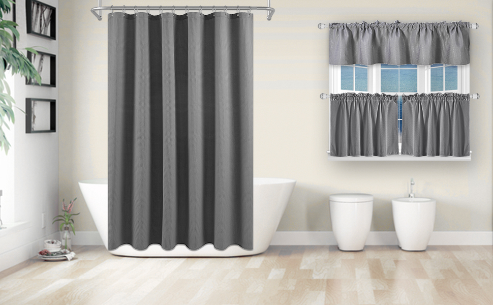 Short Shower Curtain Fabric with 66 inch Length, Waffle