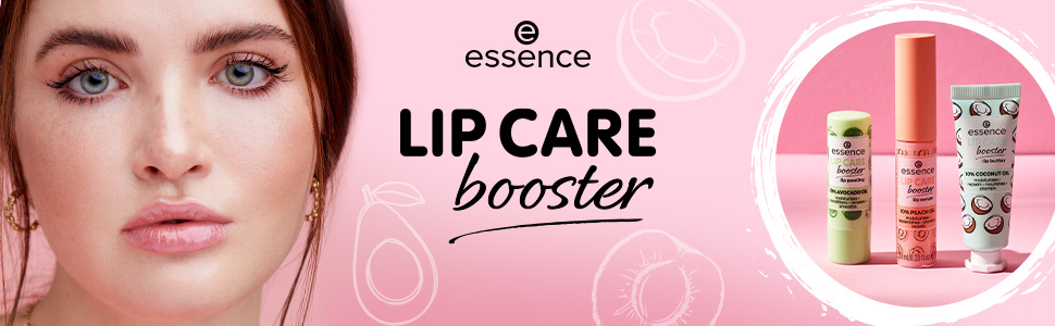 Lip Care Booster serie op roze achtergrond met model met volle en glanzende lippen