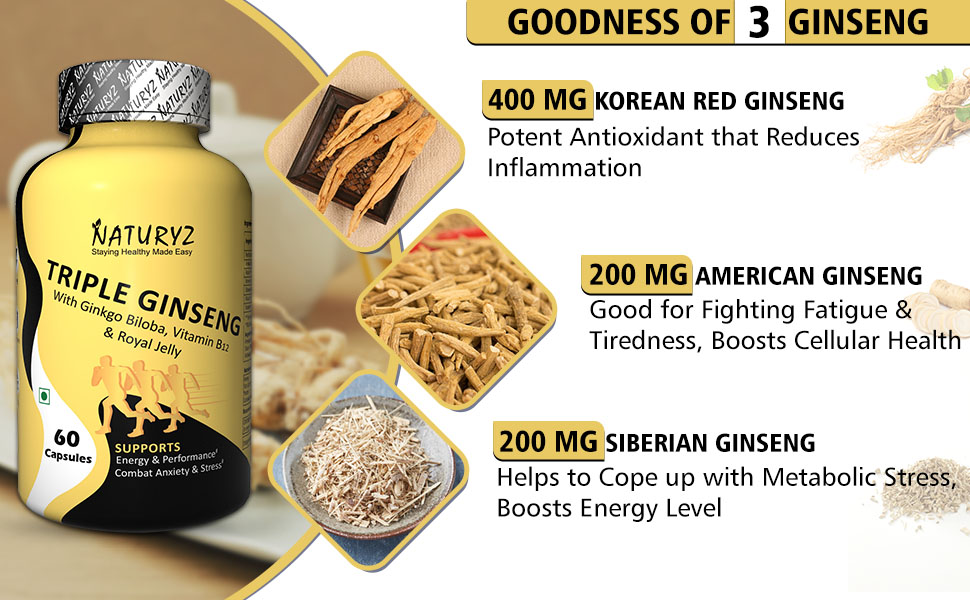 Naturyz Triple Ginseng (Red Korean Ginseng, American Ginseng, Siberian Ginseng) with Ginkgo