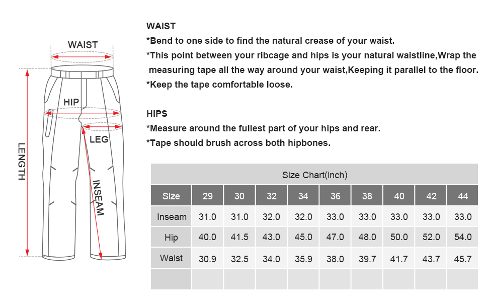 cargo pants size chart