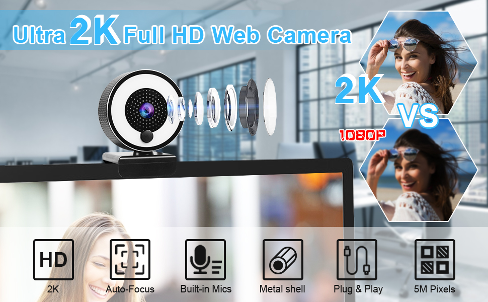 Streaming Webcam, 2K Full HD Computer Camera with Ring Light and Dual Microphone