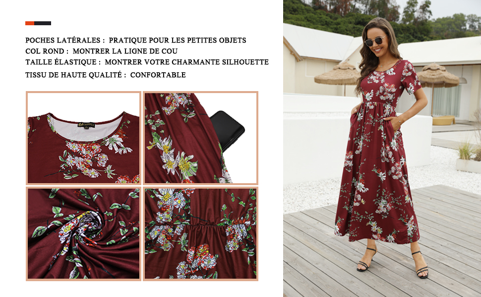 Cherfly Femme Robe D Ete Casual Longue Elegante Manche Courte Avec Poches Amazon Fr Vetements Et Accessoires