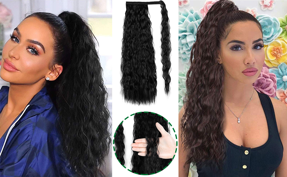 Kinky Curly Wrap Around Yaki Pferdeschwanz-Verlängerung, lang, gewellt, Kunsthaar, Clip in Pferdeschwanz