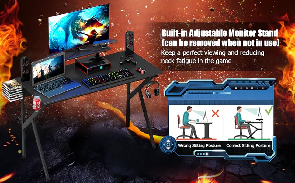COSTWAY Gaming Computer Desk With Monitor Shelf, Audio Stand, Cup Holder And Headphone Hook, K-Shaped Adjustable Ergonomic PC Racing Table Study Workstation For Home Office 13 f