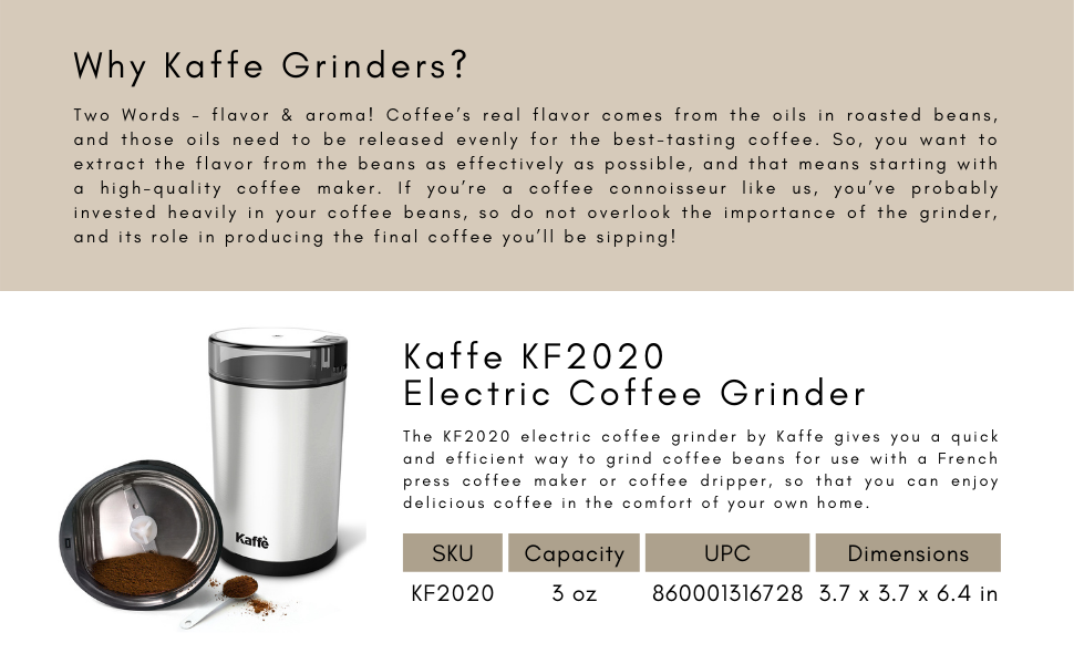 Kaffe Coffee Grinder Electric Spice Grinder w/ Cleaning Brush, Easy On/Off