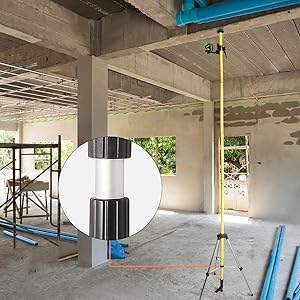 Huepar 3x360 Niveau Laser Vert Avec Bluetooth Avec Perche Télescopique Laser De 3,7m, Auto-nivellement Commutable Trois Lignes Laser à 360°, Niveau Laser Avec Mode Pulsé, Lunettes Incluses - 603LP 16 Versatile laser mounting pole LP36 helps to mount laser tools: Huepar LPGS / 12ft Lasermontagefeld: ●Tige de support polyvalente Huepar LP36 en aluminium avec revêtement en polyuréthane pour plus de durabilité. Facile à lire, les graduations sont marquées en noir sur le pôle jaune en pouces et en centimètres. ●Une tige télescopique idéale pour tout chantier utilisant des outils qui peuvent être facilement placés à n'importe quelle hauteur entre le sol et le plafond. ●La section de tige de queue avec une section de tige télescopique arbitraire peut télescoper encore 53 cm. ●Il mesure 3,7 m lorsqu'il est entièrement assemblé avec toutes les sections et les deux pièces d'extrémité.