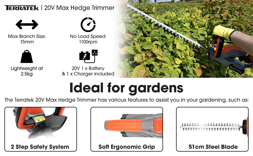 Terratek 20V Cordless Electric Hedge Trimmer, 51cm (510mm) Cutting