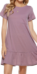 Women's Summer Casual T Shirt Dress with Pockets Short Sleeve Crew Neck Ruffle Cotton Loose Dress