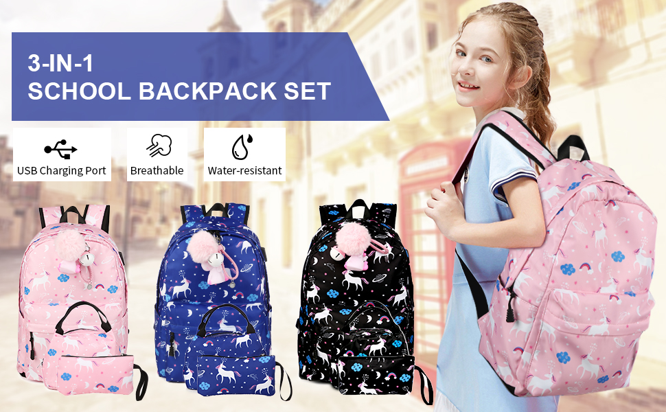 School Backpack Set for Girls Teens School Bag Bookbag Waterproof USB Charger Computer Compartment
