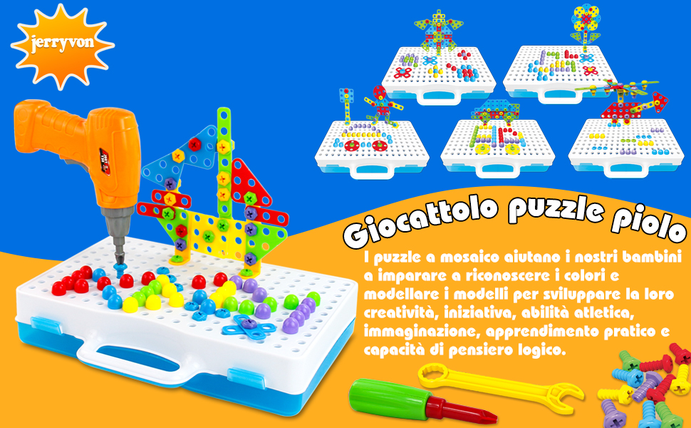 Jerryvon Puzzle Bambini 3d Giochi Montessori Mosaico Giocattolo Chiodini 193 Pezzi Costruzione Creativa Con Trapano Elettrico Regalo Per Bambini 3 4 5 6 Anni Amazon It Giochi E Giocattoli