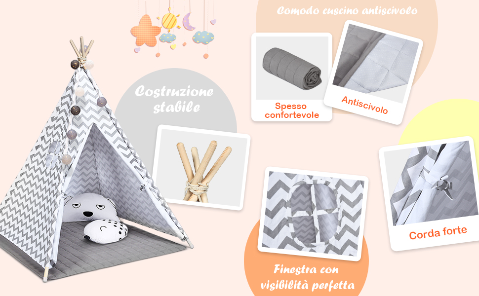 COSTWAY Tenda Da Gioco Indiana Per Bambini, Teepee Di Cotone Con Tappetino Imbottito, Custodia Per Il Trasporto, Grigio, Alto 160cm 12 1