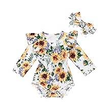Sunflower Romper Ruffle long sleeve jumpsuit bodysuit with headband