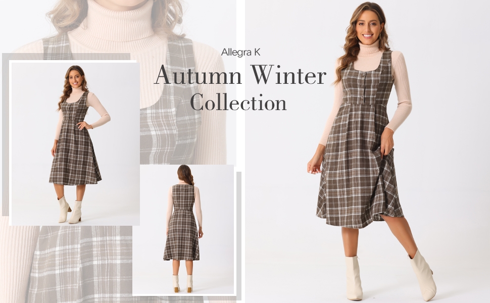 Allegra K Women's Plaid Overall Dress Vintage Sleeveless A
