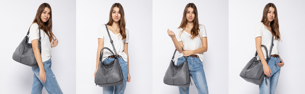 Borsa a tracolla grande grigio chiaro da donna, molti scomparti interni borsa in pelle