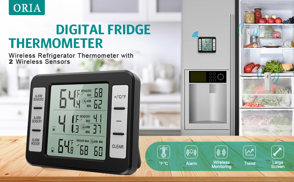 ORIA Refrigerator Thermometer, Wireless Digital Freezer Thermometer with 2 Sensors, Audible