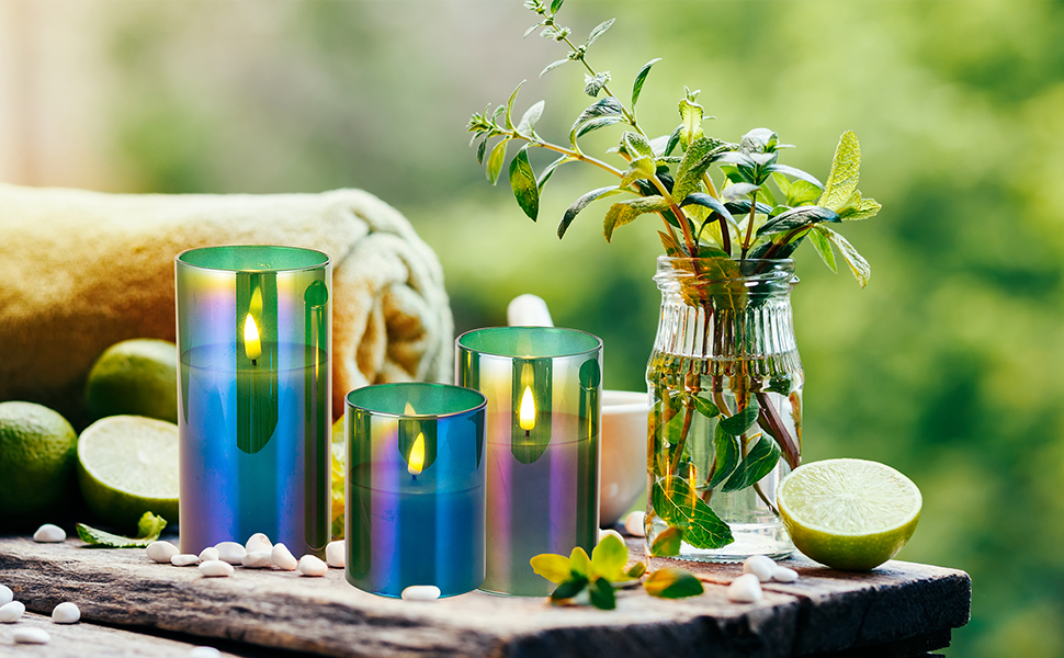 Eywamage Green Flameless Candles in Glass with Remote, Flickering