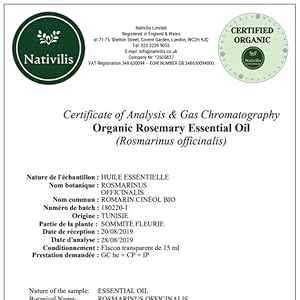 Gas Chromatography Organic Rosemary Essential Oil - (Rosmarinus officinalis) Batch Number 180220-1
