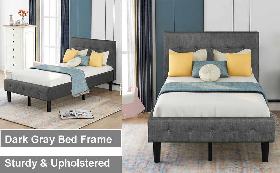 JULYFOX Upholstered Bed Frame Twin Gray, Solid Wood Bed Platform and Headboard