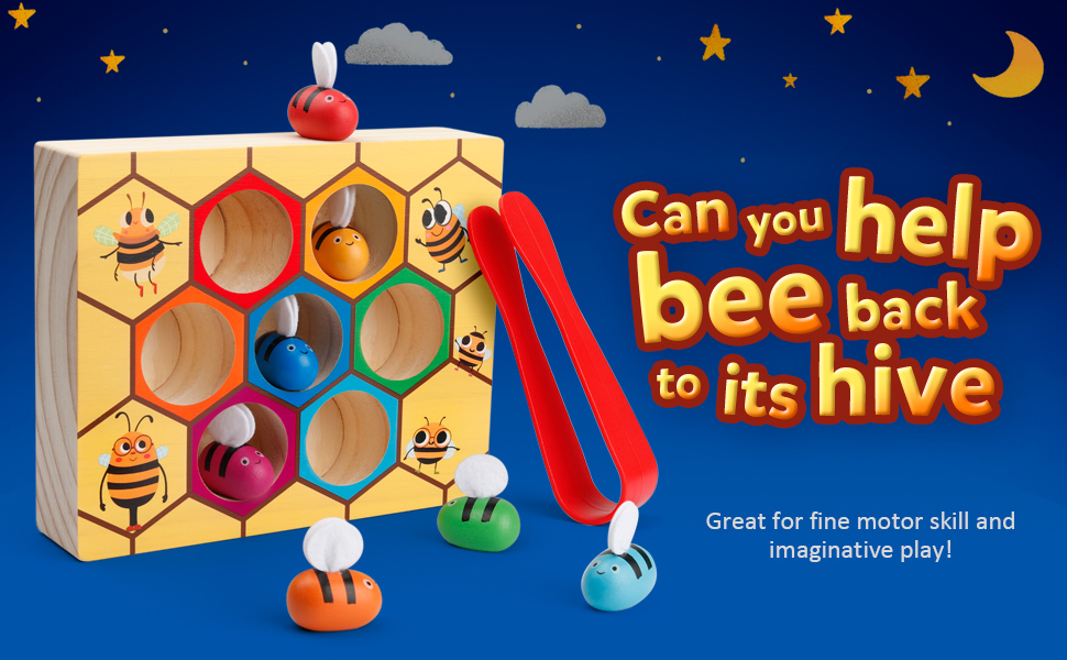 Coogam Toddler Fine Motor Skill Toy, Clamp Bee to Hive Matching Game, Montessori Wooden Color Sorting Puzzle, Early Learning Preschool Educational Gift Toy for 3 4 5 Years Old Kids 9 36 months for 1 2 years old