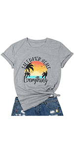 Saltwater Heals Everything Shirt Women Funny Letter Print Graphic Vacation T Shirt Beach Tee Tops