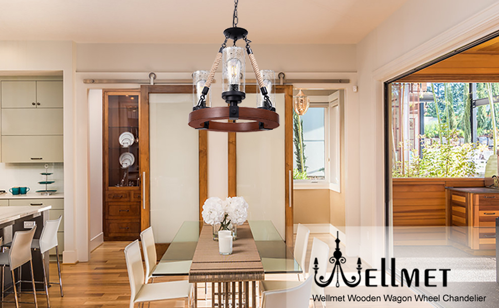 wagon wheel chandelier with seeded glass shades