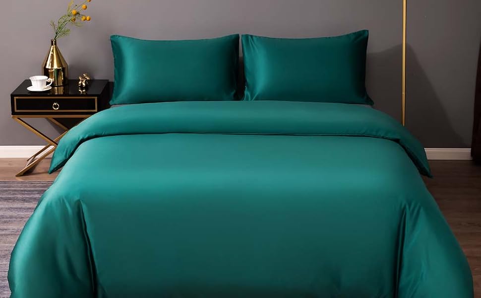 KingSize Duvet Cover Set Forest Green Cooling Microfiber Satin, Silk