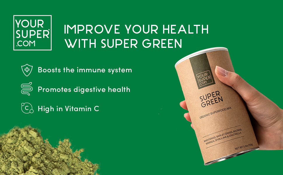 Amazon Com Your Super Super Green Juice Powder Immune Support Increase Intake Of Mixed Greens Plant Based Superfood Wheatgrass Barley Grass Baobab Moringa Chlorella Spirulina Powder 30 Servings Health Household