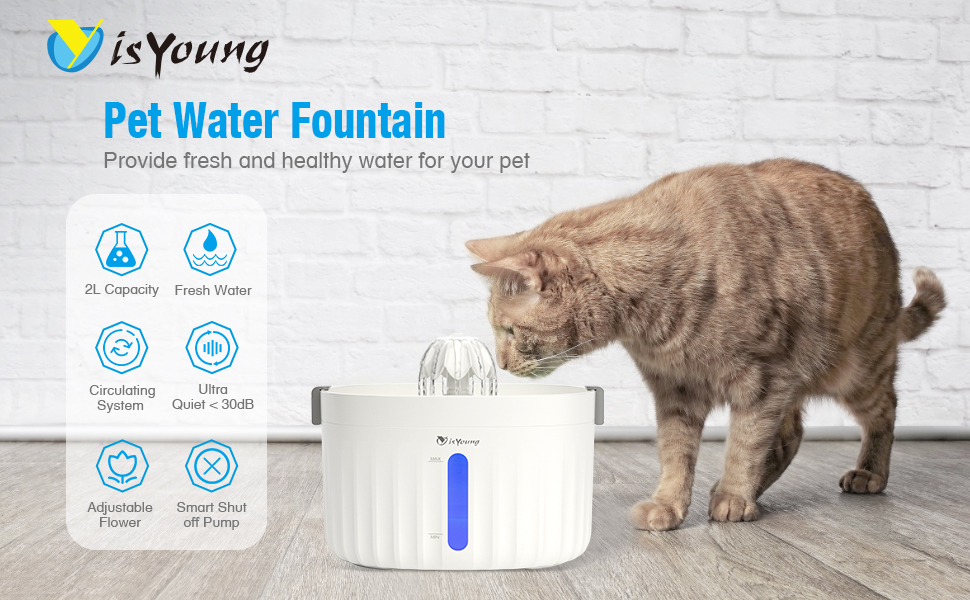 isYoung Pet Fountain, 68oz/2L Cat Water Fountain for Cats and Small