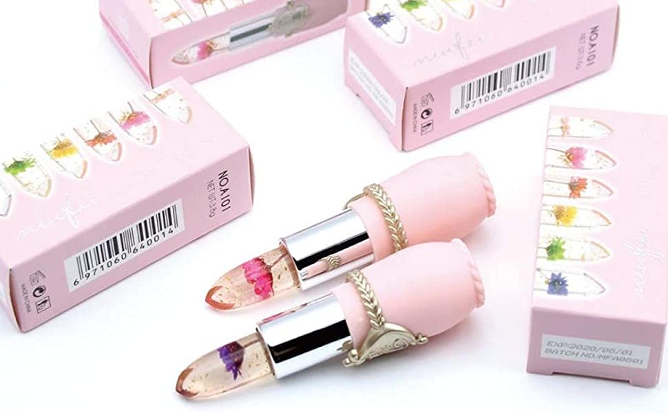 6PCS Transparente Farbänderung Lippenbalsam Feuchtigkeitscreme Rosa Kristallgelee Blumen Make-up