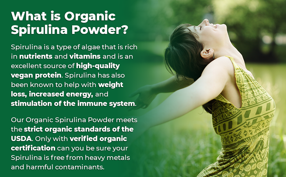 Zazzee USDA Organic Spirulina Powder is rich in nutrients and vitamins, and very high in protein.
